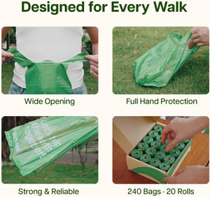 A four-panel product demonstration graphic for green plastic bag liners. The top text reads 'Designed for Every Walk at Pet Servo