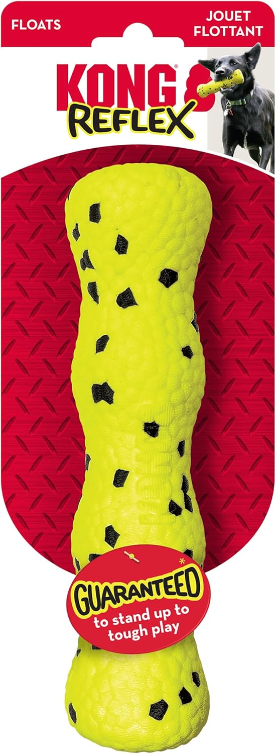 Yellow KONG Reflex dog toy with black spots on a red and white background at Pet Servo