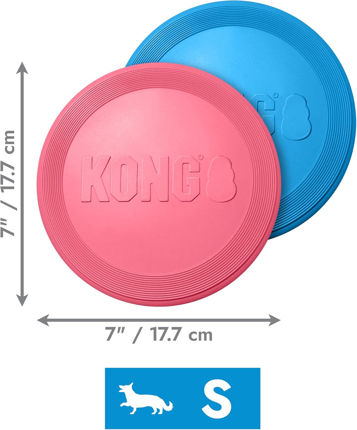 Two KONG dog frisbees, one pink and one blue, with measurements on a white background at Pet Servo