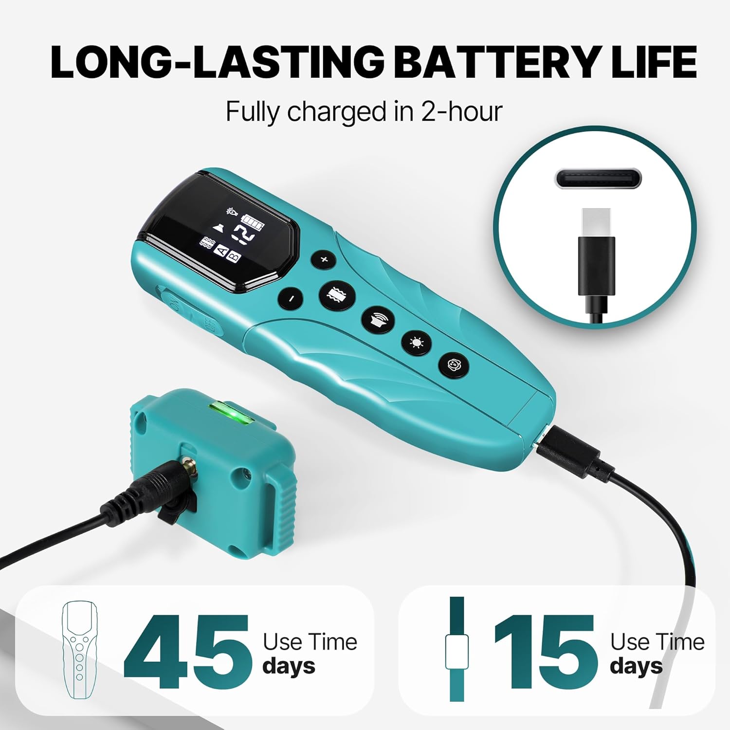 Teal electronic device with charging cable and text about long-lasting battery life on a white background at Pet Servo