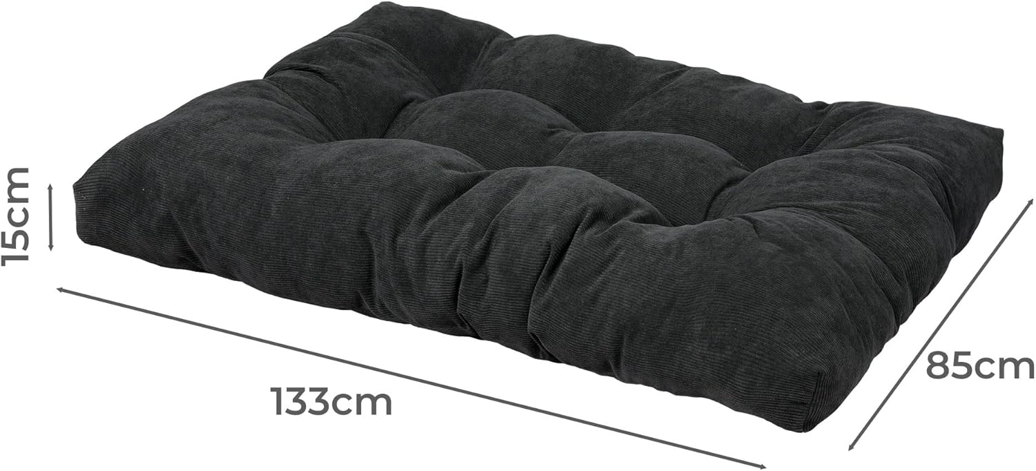 Black pet bed with dimensions on a white background at Pet Servo