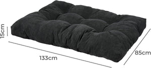 Black pet bed with dimensions on a white background at Pet Servo