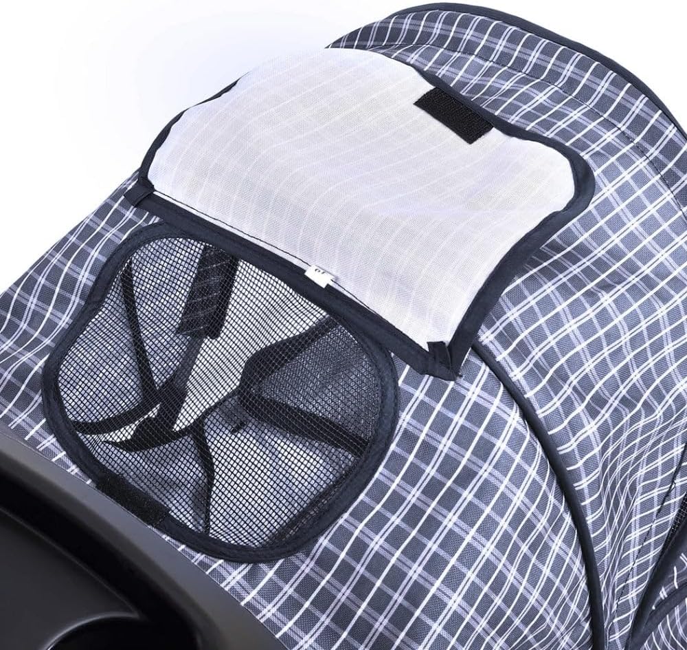 Close-up of a stroller canopy with a blue and white grid pattern, featuring a white mesh sun shield and a black mesh side pocket at Pet Servo