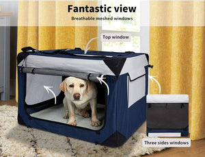 A navy and gray collapsible pet crate with a light-colored dog sitting inside, shown in a room with yellow curtains. The image includes text callouts pointing to the top window and three side windows, plus a smaller inset showing the crate folded flat at Pet Servo
