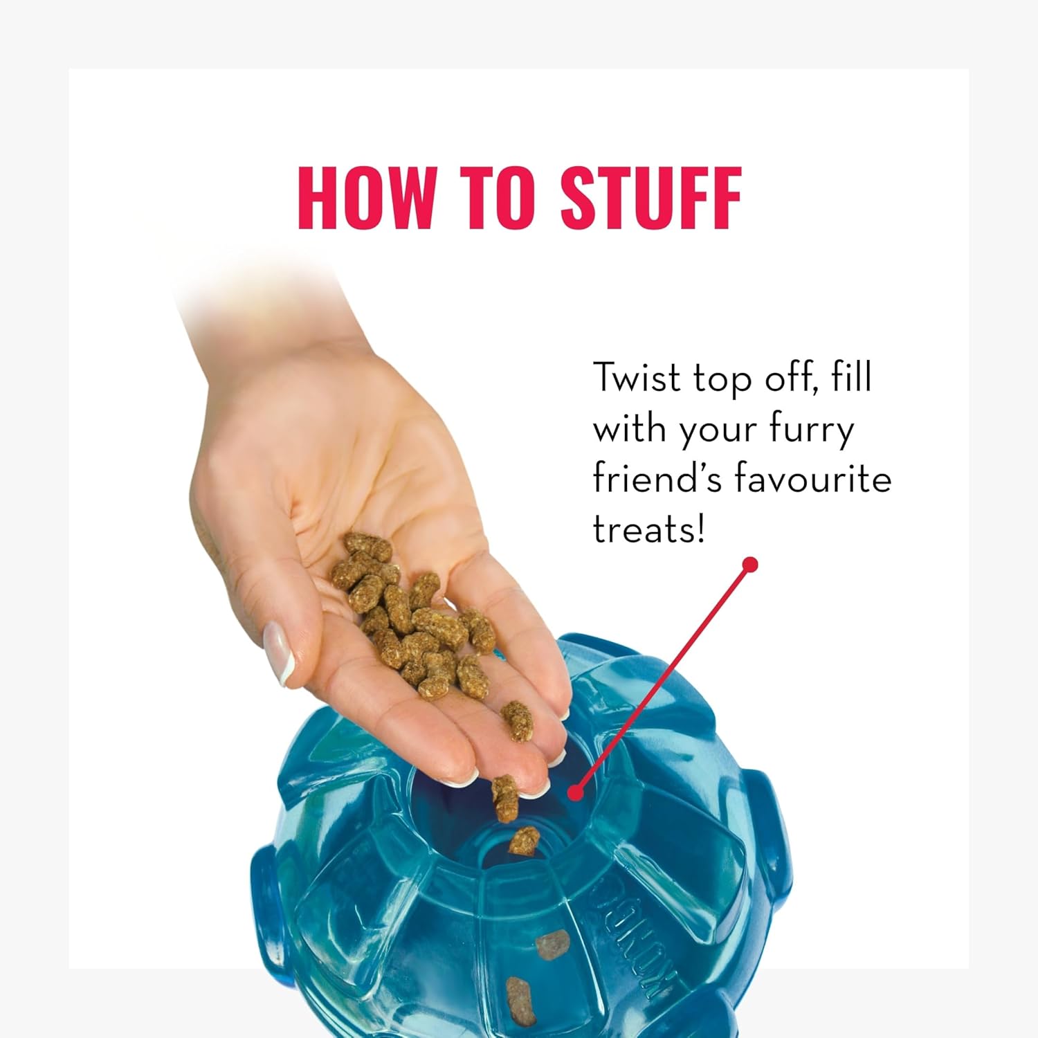 Instructions on how to stuff a blue pet toy with treats, showing a hand placing treats into it at Pet Servo