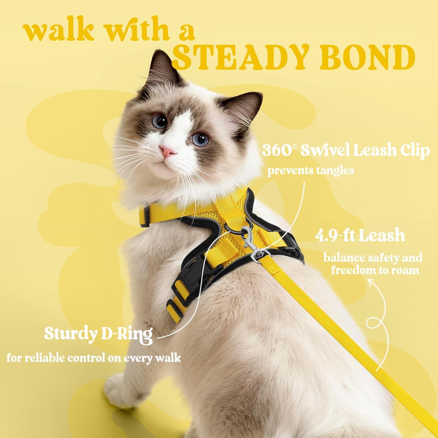 Cat wearing a yellow harness and leash with text on a yellow background at Pet Servo