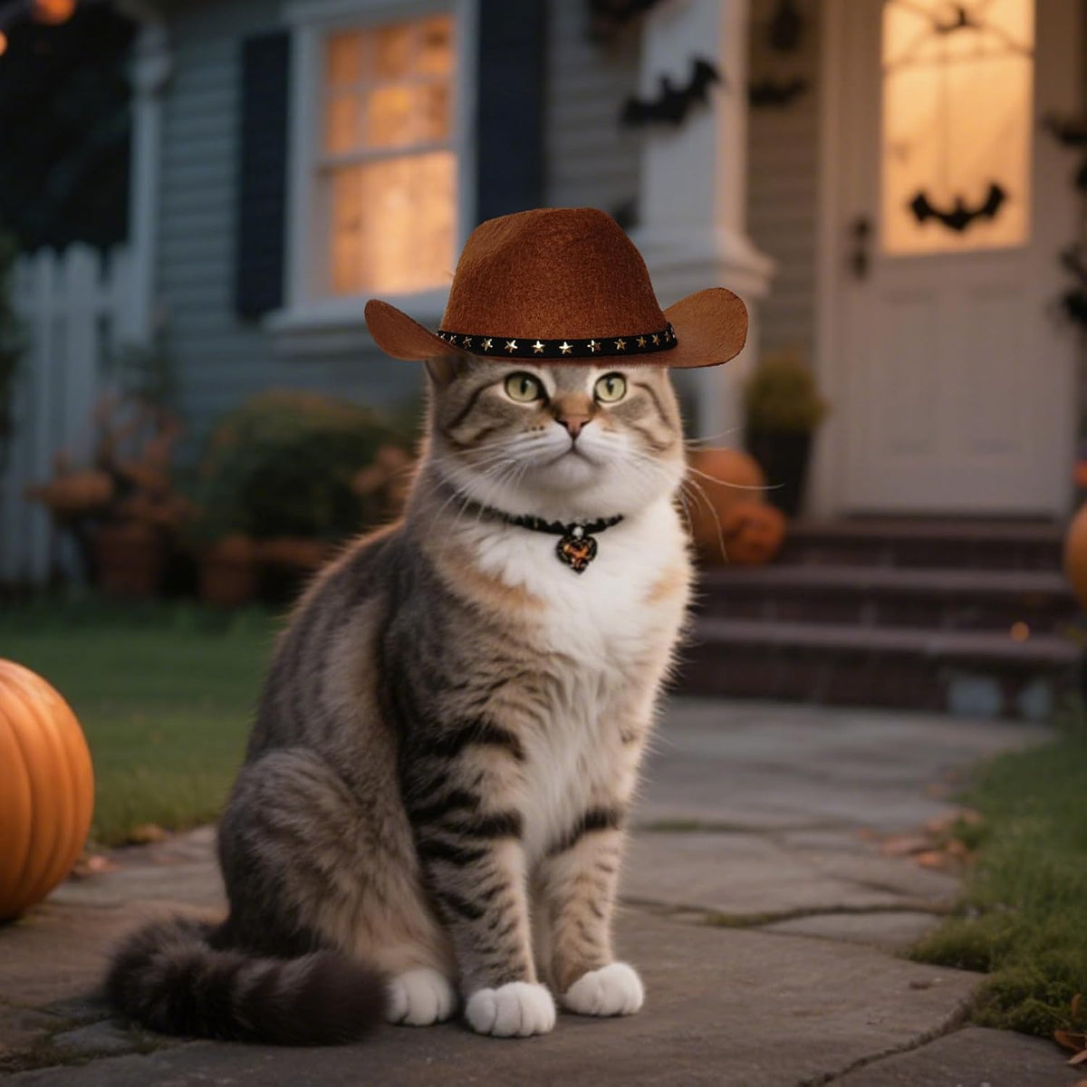 Cat wearing a cowboy hat in front of a house decorated for Halloween at Pet Servo