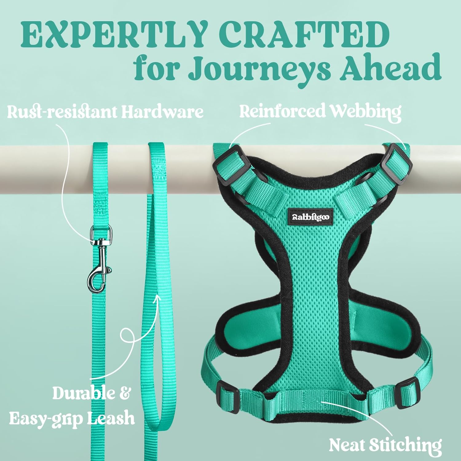 Teal dog harness and leash set with text highlighting features on a light blue background at Pet Servo