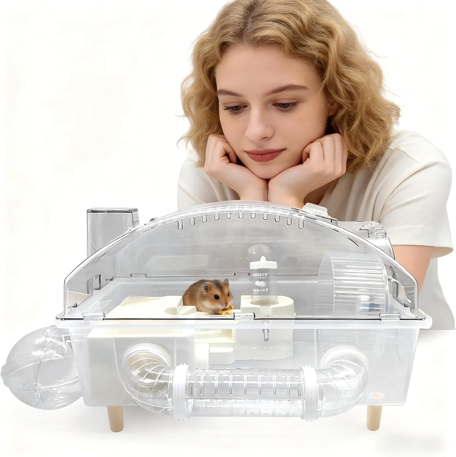 Woman looking at a transparent hamster cage with a small animal inside on a white background at Pet Servo