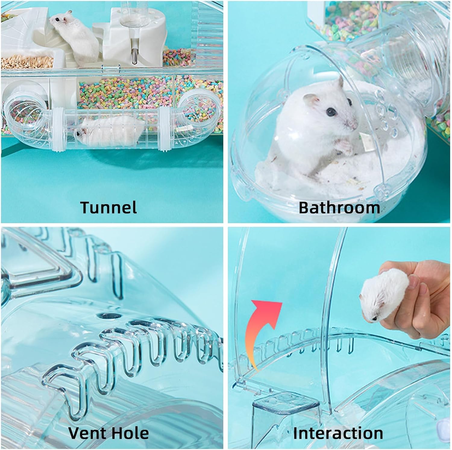 Collage of a transparent hamster cage with labeled parts on a blue background at Pet Servo