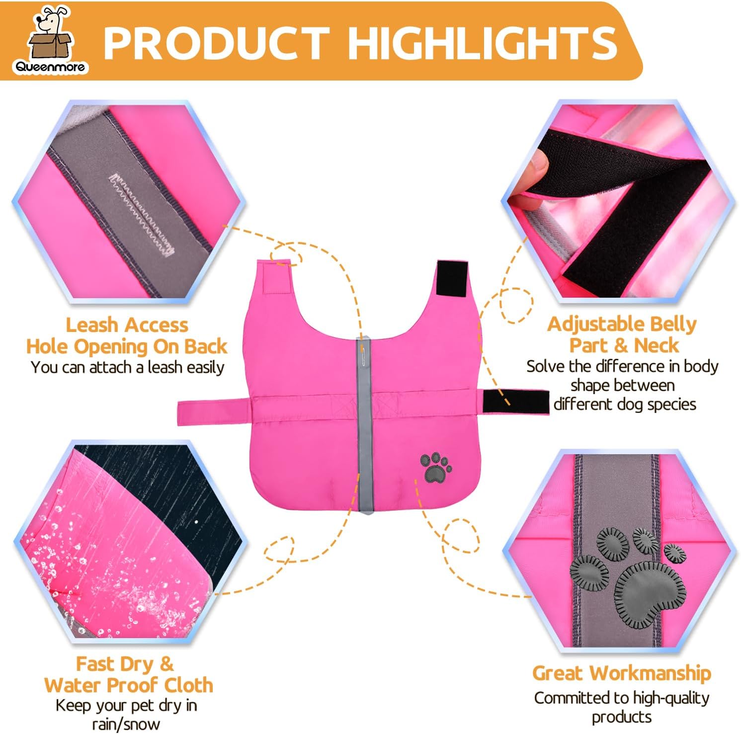 Pink dog life jacket with features highlighted on a white background at Pet Servo