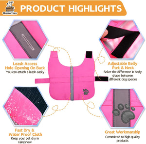 Pink dog life jacket with features highlighted on a white background at Pet Servo