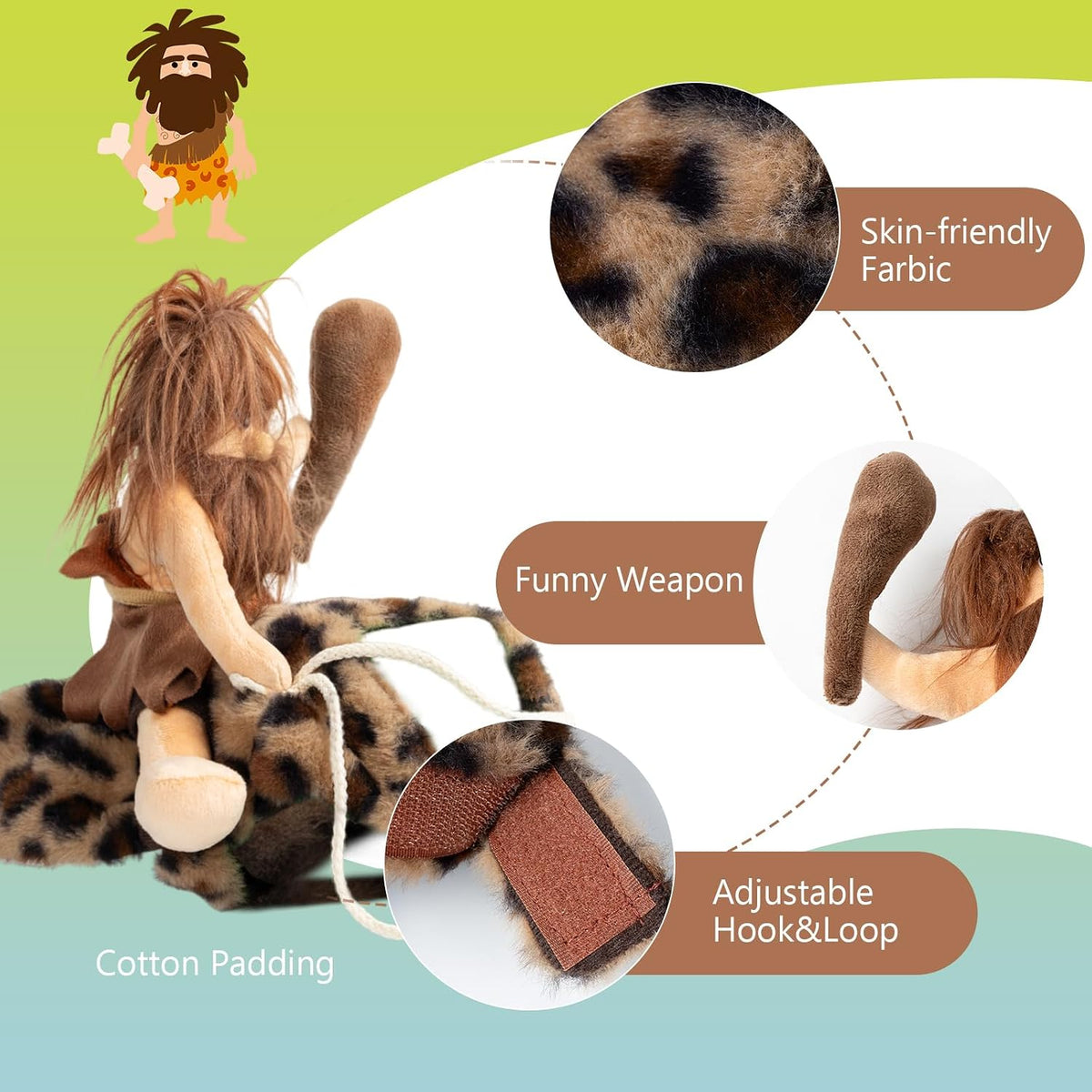 Caveman plush toy riding a leopard-print stuffed animal, shown on a light green and blue graphic background with feature callouts including skin-friendly fabric, funny weapon, adjustable hook&loop, and cotton padding.