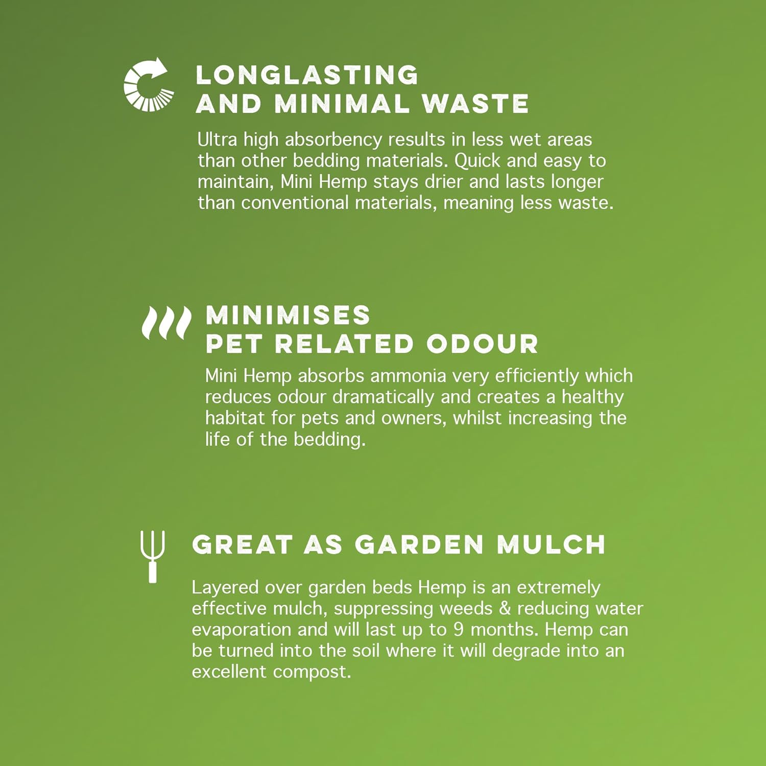 Green background with text about long-lasting and minimal waste properties of a product, with icons and white text at Pet Servo