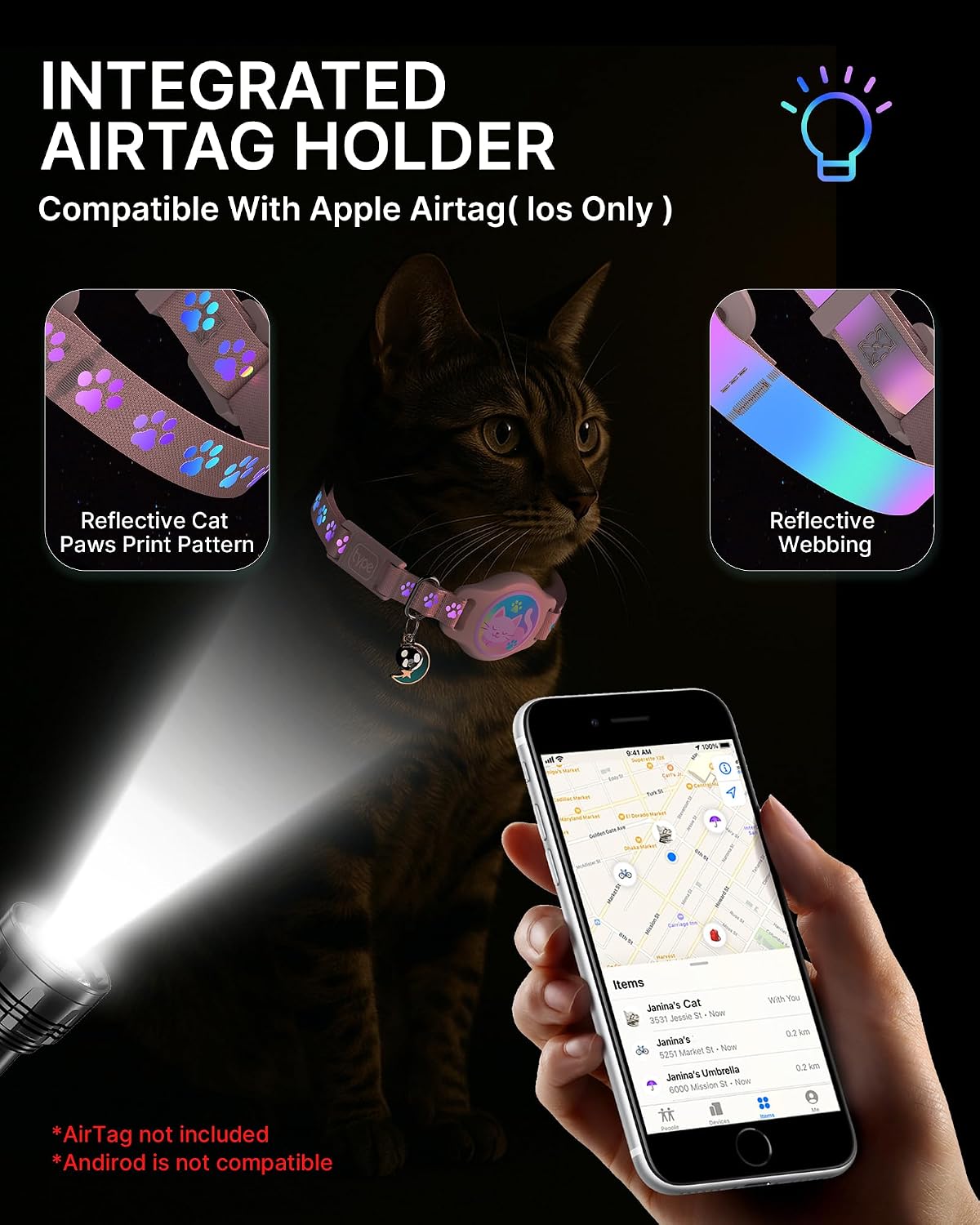 Cat wearing a reflective collar with an integrated Airtag holder, illuminated by a flashlight, and a hand holding a phone with an app interface at Pet Servo