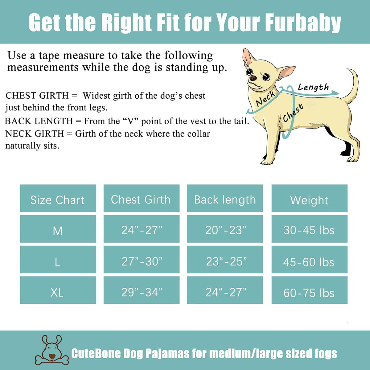 An informational fit chart for a dog jumper, showing a cartoon dog with measurement lines labeled neck, chest, and length, plus a size chart table for M, L, and XL with chest girth, back length, and weight ranges at Pet Servo