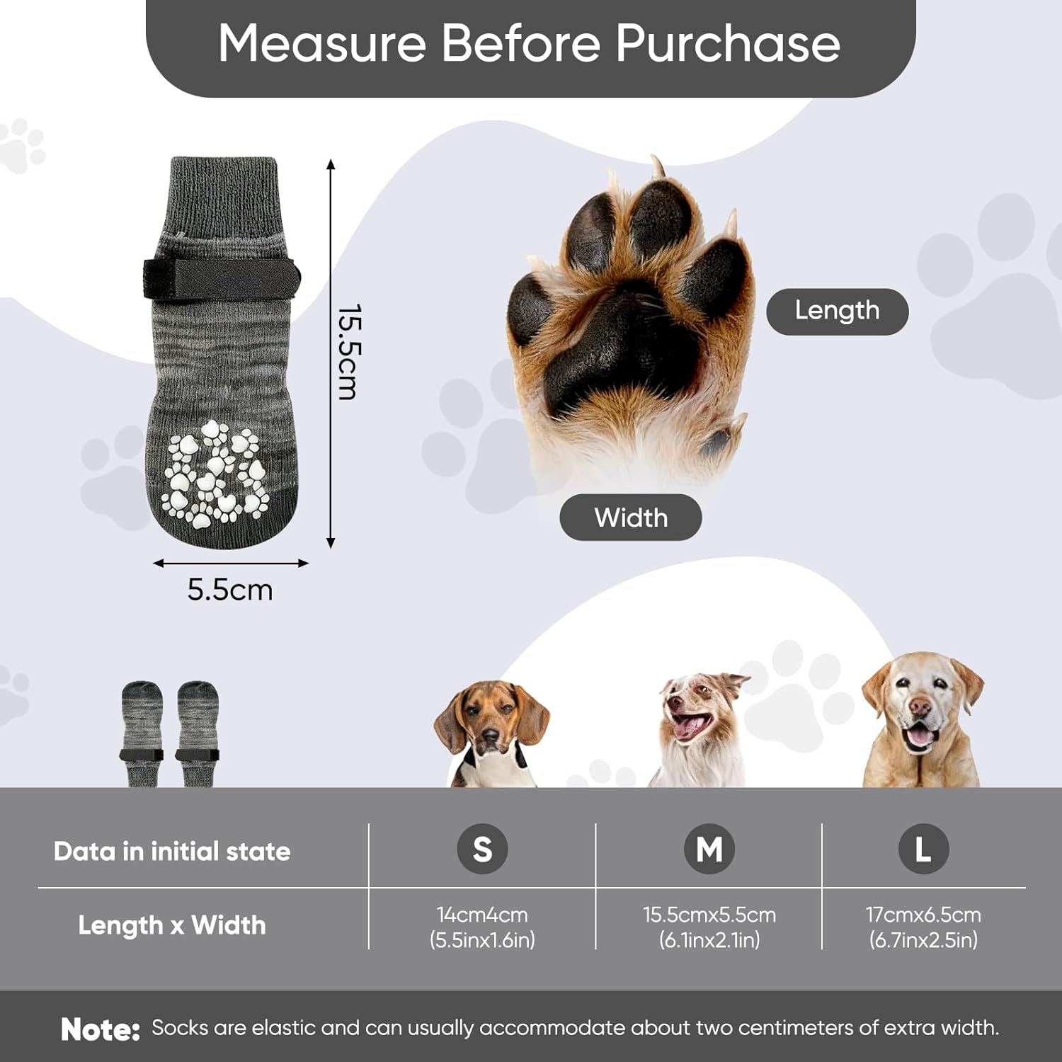 Measurement guide for dog boots with paw size chart and dog images at Pet Servo