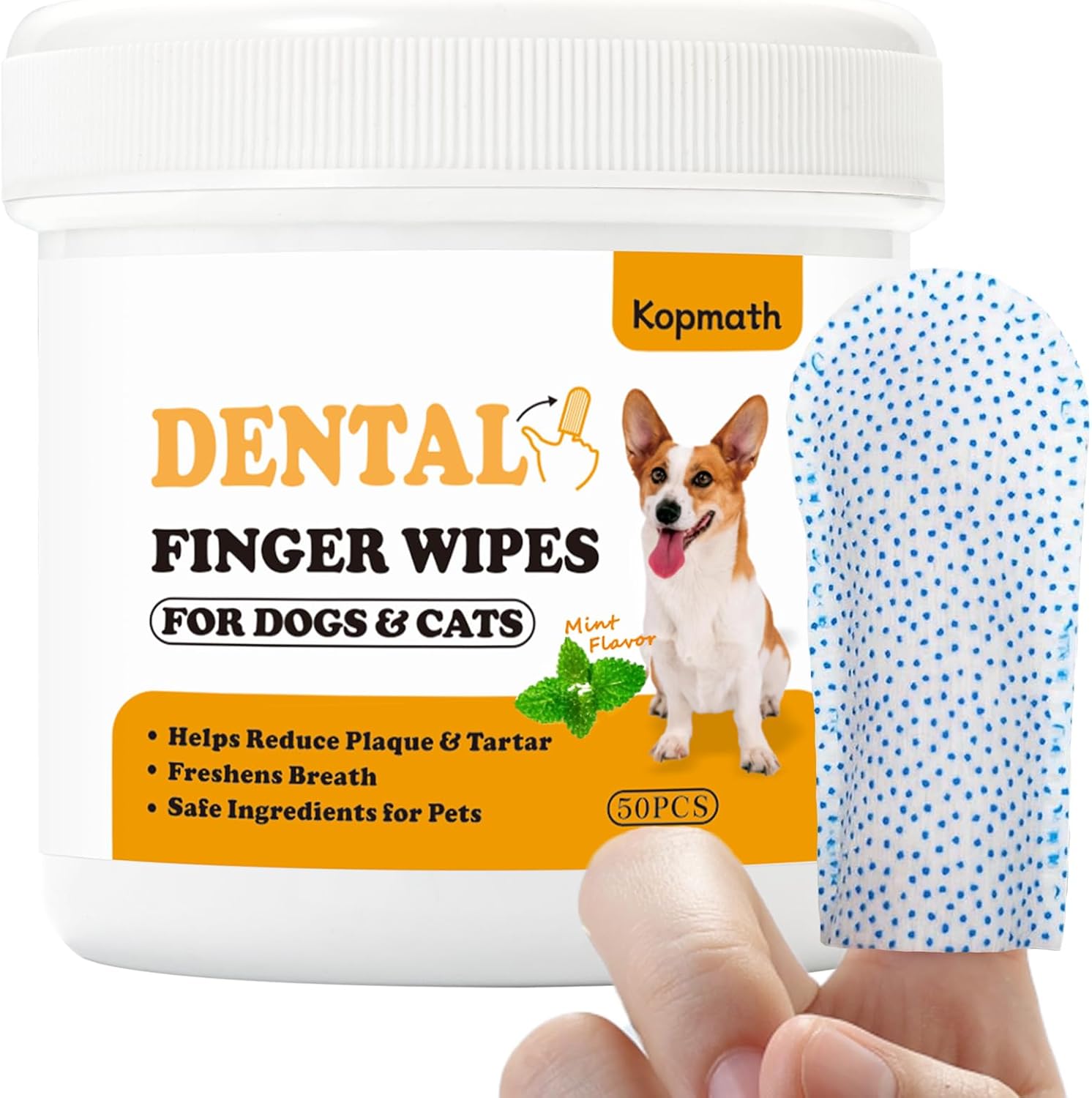 Kopmath dental finger wipes for dogs and cats with a dog illustration on the packaging at Pet Servo
