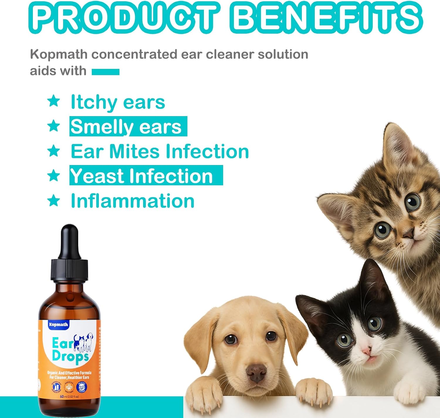 Kopmath concentrated ear cleaner solution for pets with product benefits listed, including itchy and smelly ears, ear mites infection, yeast infection, and inflammation at Pet Servo
