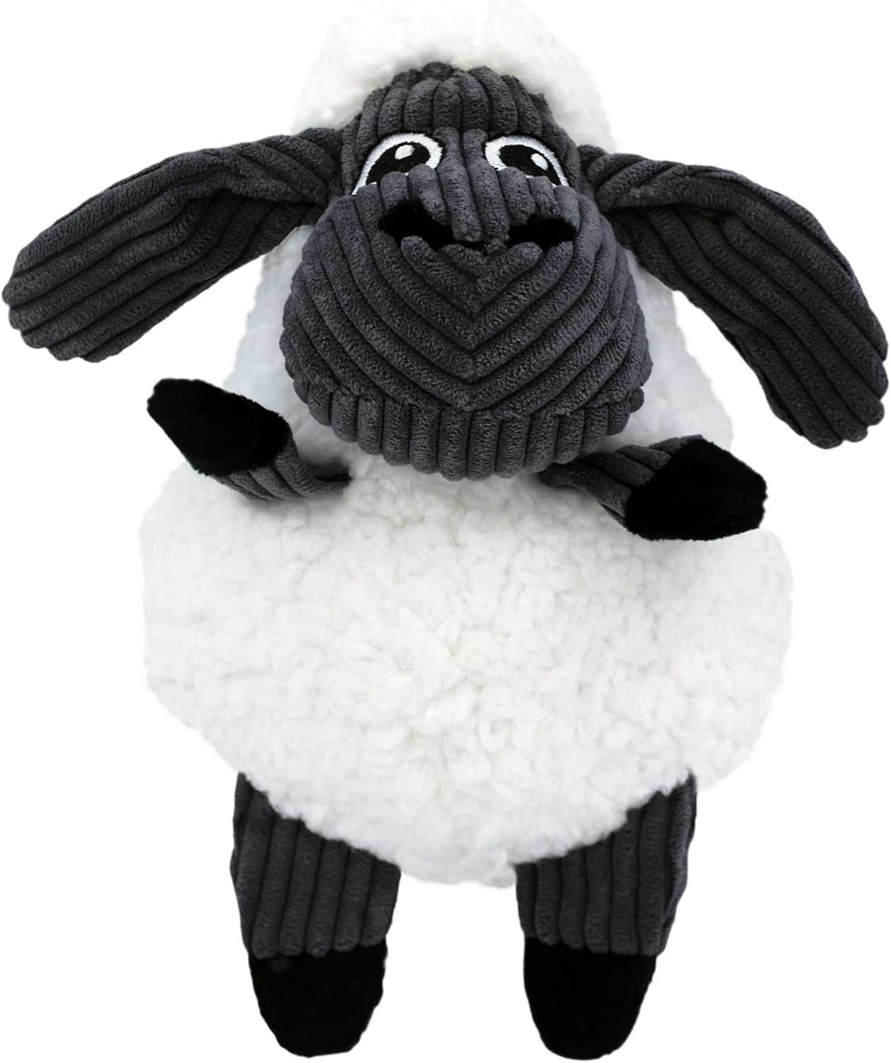 A cartoon-style sheep plush toy with a white fluffy body, dark gray corduroy head and ears, black feet, and embroidered eyes on a plain white background at Pet Servo