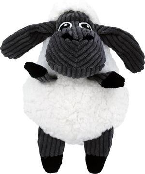 A cartoon-style sheep plush toy with a white fluffy body, dark gray corduroy head and ears, black feet, and embroidered eyes on a plain white background at Pet Servo