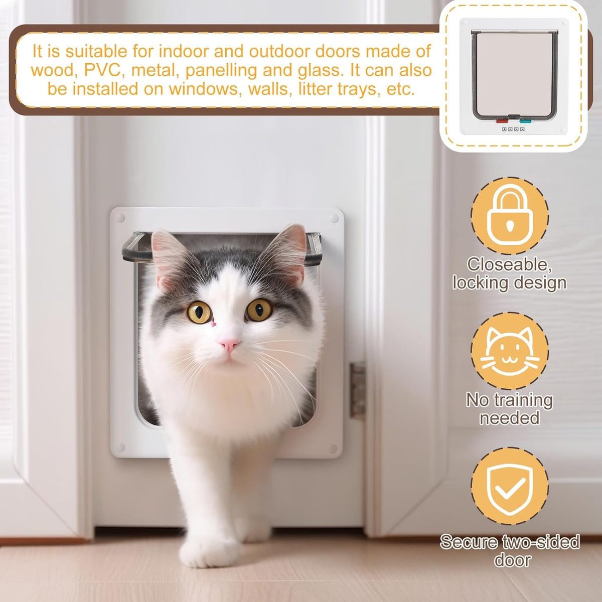 A white and gray cat walks through a white pet door installed on a white door. The image includes a text box explaining the product's use and a feature callout showing 'Closeable, locking design', 'No training needed', and 'Secure two-sided door'.