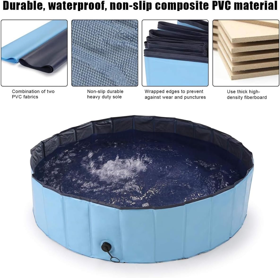 Blue pet pool with durable PVC material features displayed around it at Pet Servo