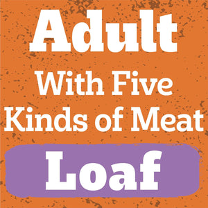 Text graphic reading 'Adult With Five Kinds of Meat Loaf' in white lettering on an orange textured background, with 'Loaf' highlighted in a purple rounded rectangle.