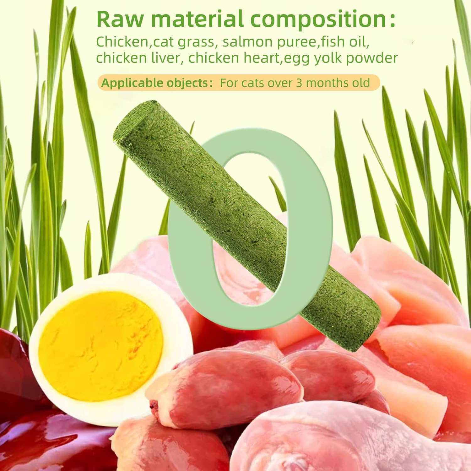 Raw material composition of cat food with green roll, egg, and meat on a light green background at Pet Servo