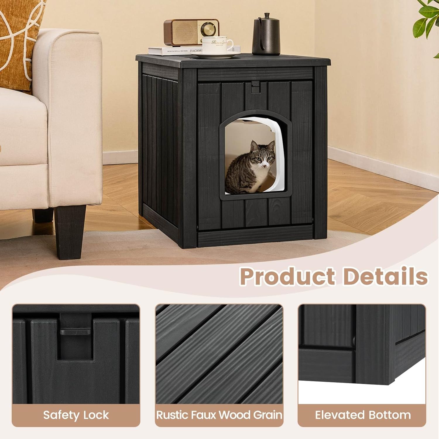 Black pet house with a cat inside, placed on a wooden floor in a living room setting at Pet Servo