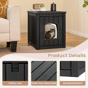 Black pet house with a cat inside, placed on a wooden floor in a living room setting at Pet Servo