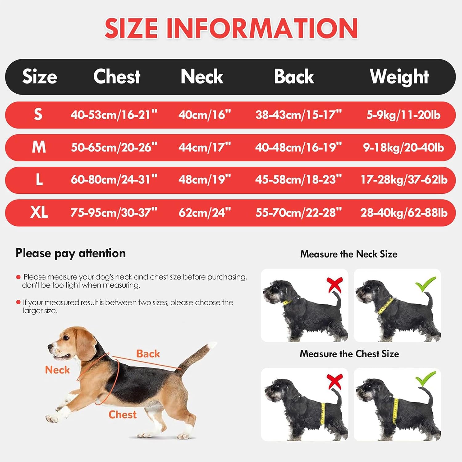 Size chart for dog coats with measurements in chest, neck, back, and weight at Pet Servo