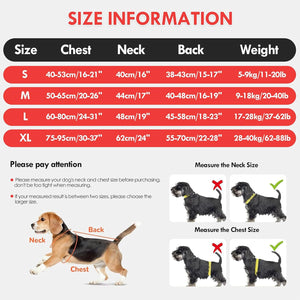 Size chart for dog coats with measurements in chest, neck, back, and weight at Pet Servo