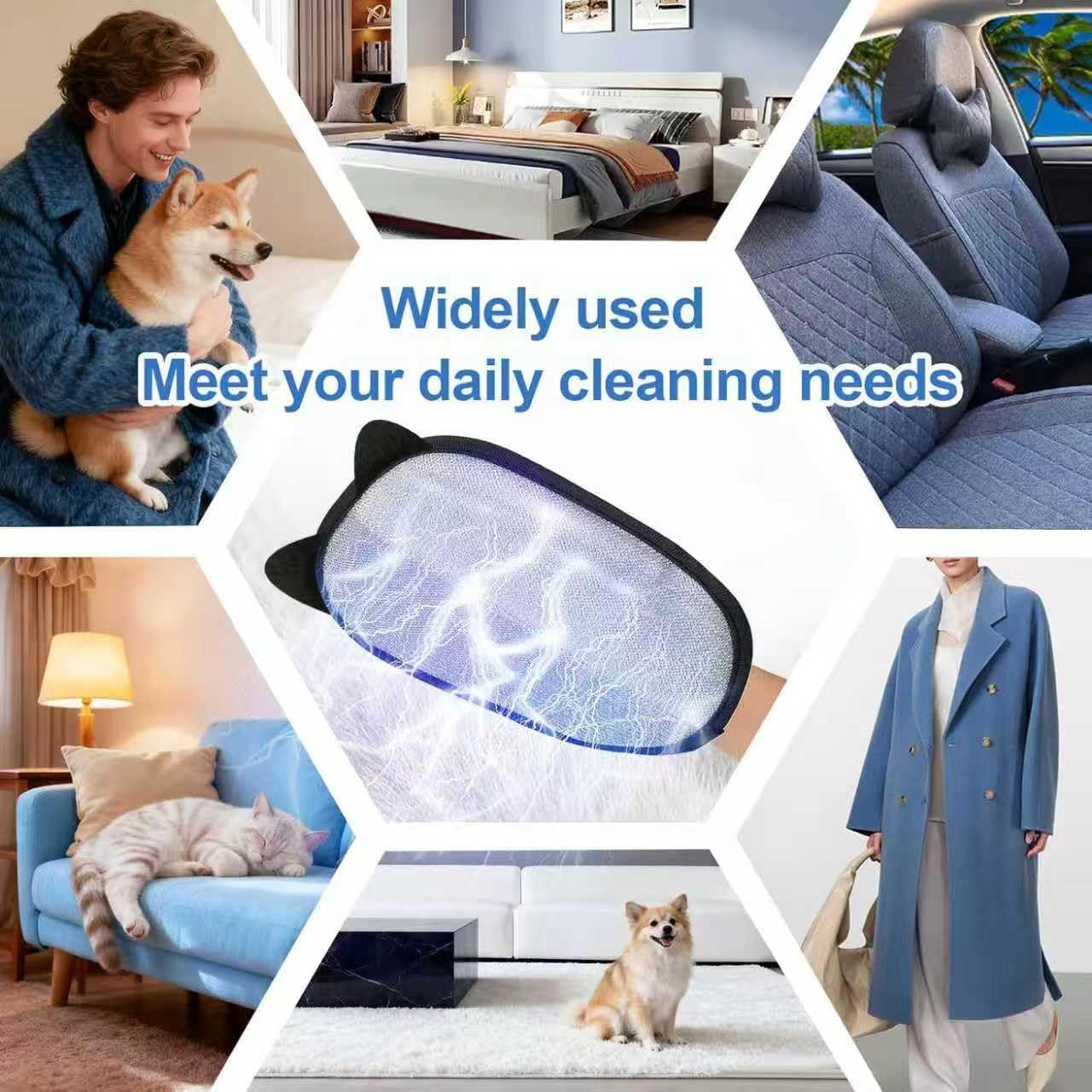 Collage of various scenes with text 'Widely used, Meet your daily cleaning needs' over a blue car seat at Pet Servo