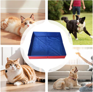 Collage of pets and a blue and red pet bed at Pet Servo