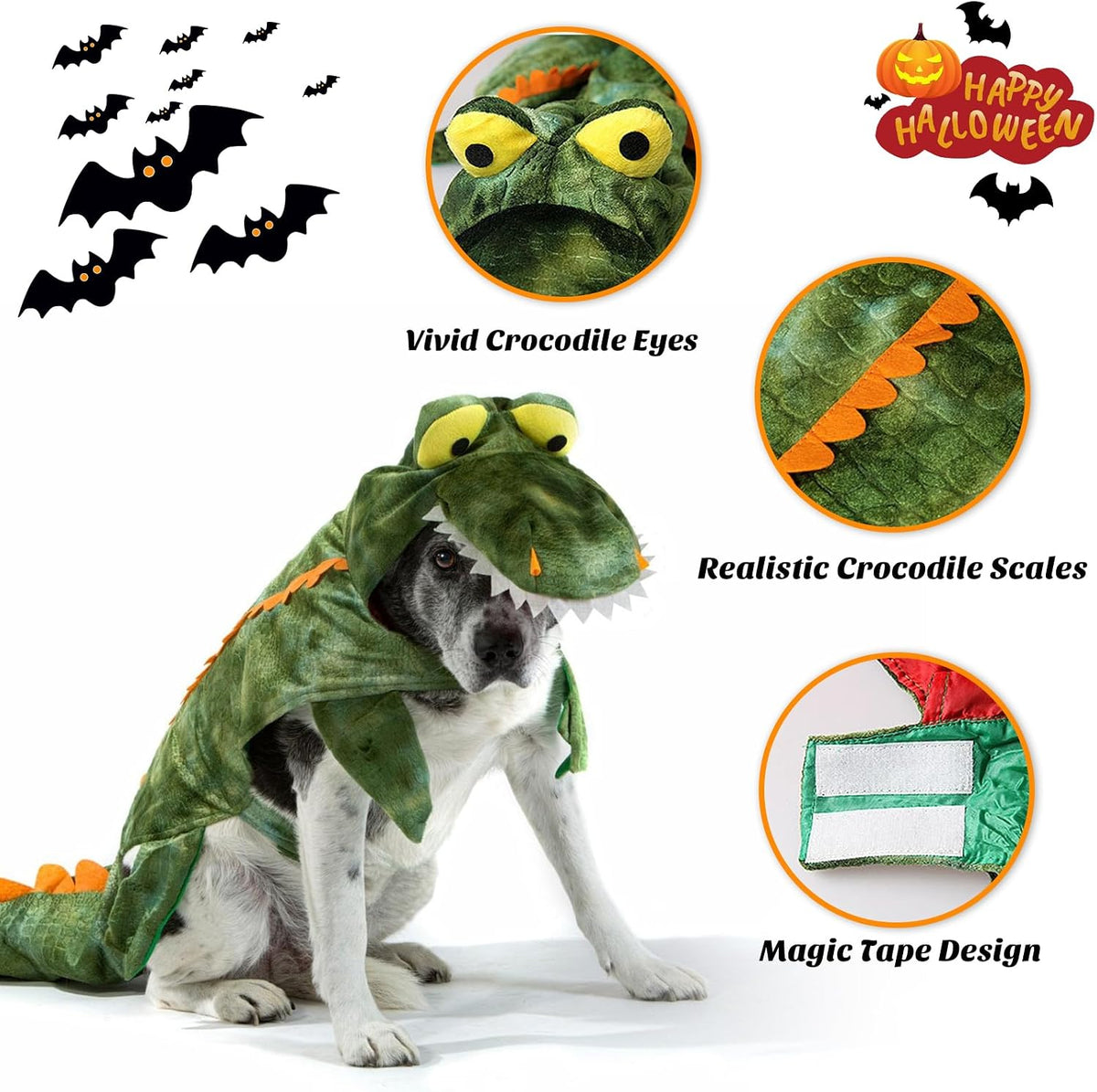 Dog wearing a crocodile costume with Halloween-themed decorations and text.