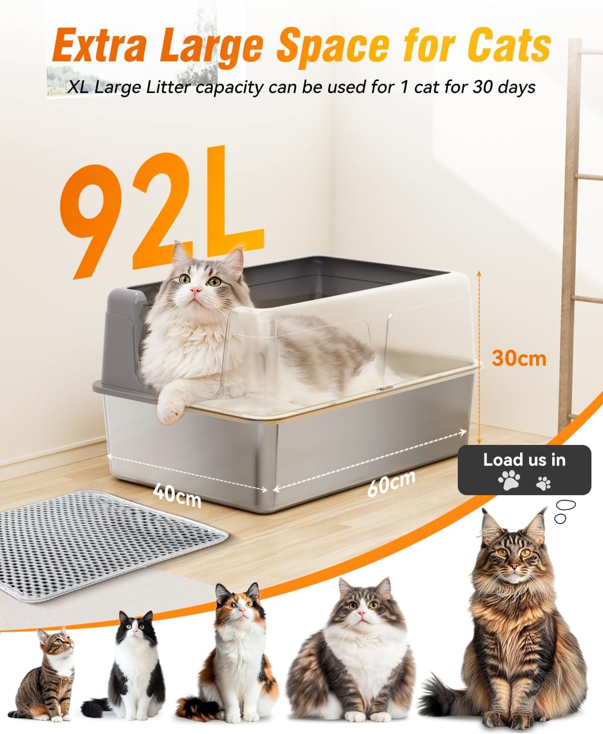 Cat litter box with capacity details and cats around it at Pet Servo
