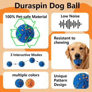 Duraspin Dog Ball with features listed on an orange background at Pet Servo
