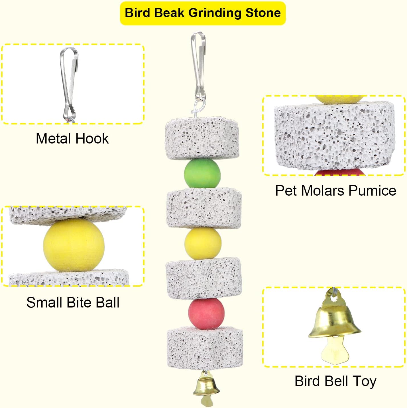 Bird beak grinding stone with metal hook, pet molar pumice, small bite ball, and bird bell toy on a white background at Pet Servo