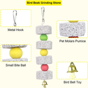 Bird beak grinding stone with metal hook, pet molar pumice, small bite ball, and bird bell toy on a white background at Pet Servo