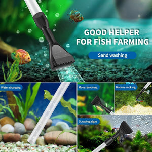Aquarium cleaning tool with text 'Good Helper for Fish Farming' and various uses shown at Pet Servo