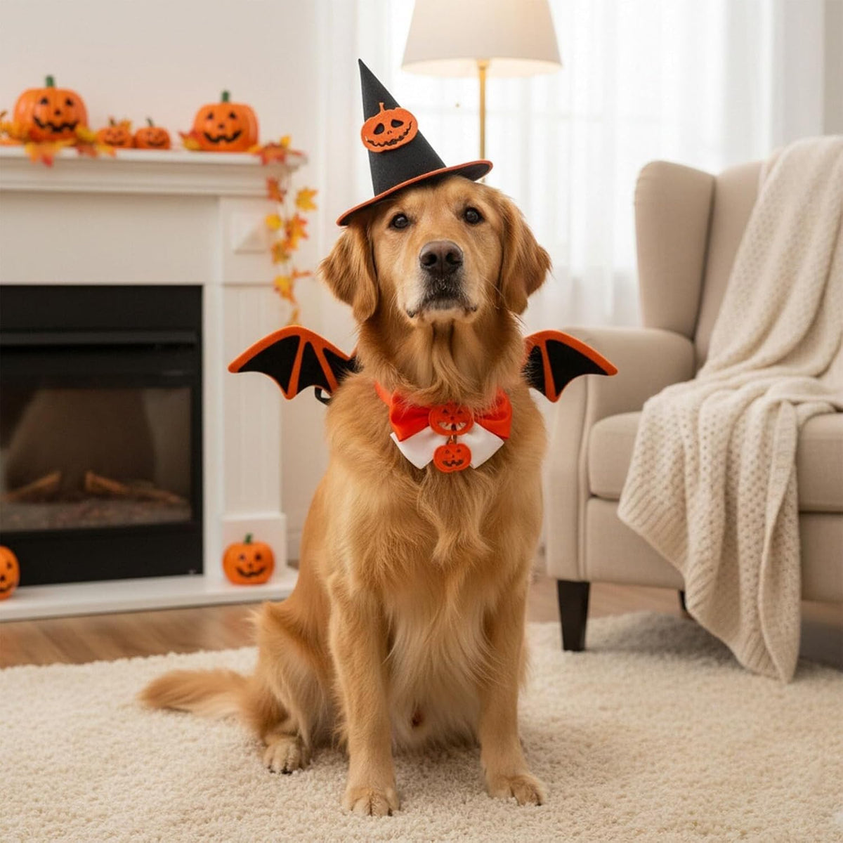 A golden retriever dog in a Halloween costume stands in a whimsical garden party setting with other pets, glowing mushrooms, string lights, and a small picnic table.