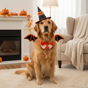 A golden retriever dog in a Halloween costume stands in a whimsical garden party setting with other pets, glowing mushrooms, string lights, and a small picnic table.