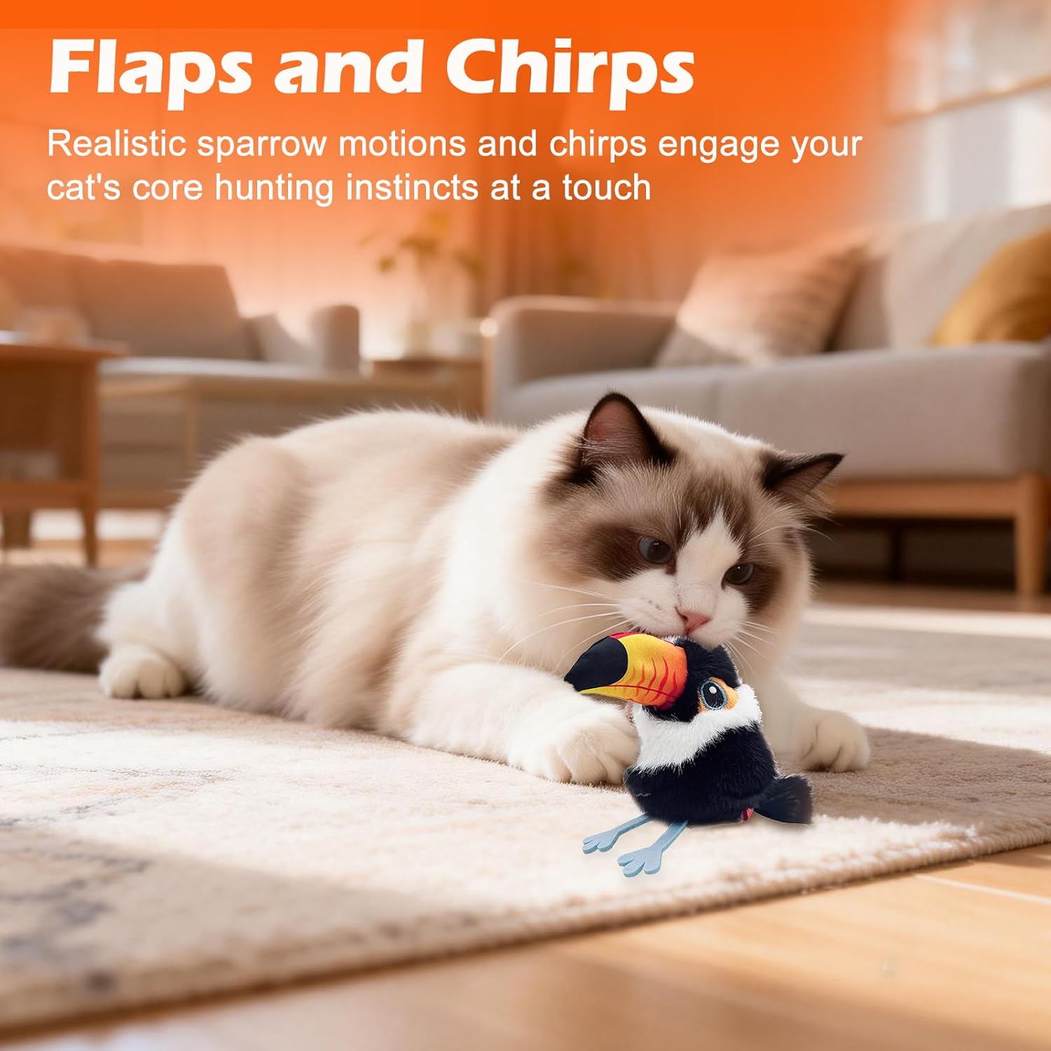 Cat playing with a toy in a living room setting, with text about realistic sparrow motions and chirps at Pet Servo