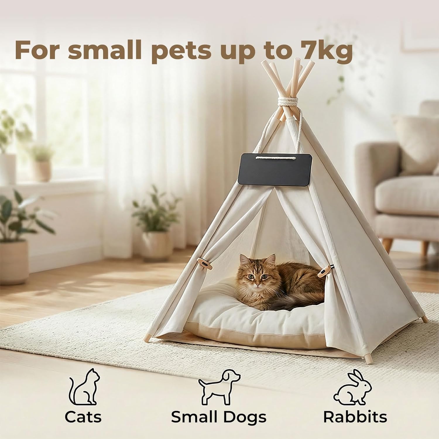 Pet teepee for small pets up to 7kg with a cat inside in a living room setting at Pet Servo
