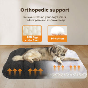 Dog lying on an orthopedic support mat with text about joint relief and comfort at Pet Servo