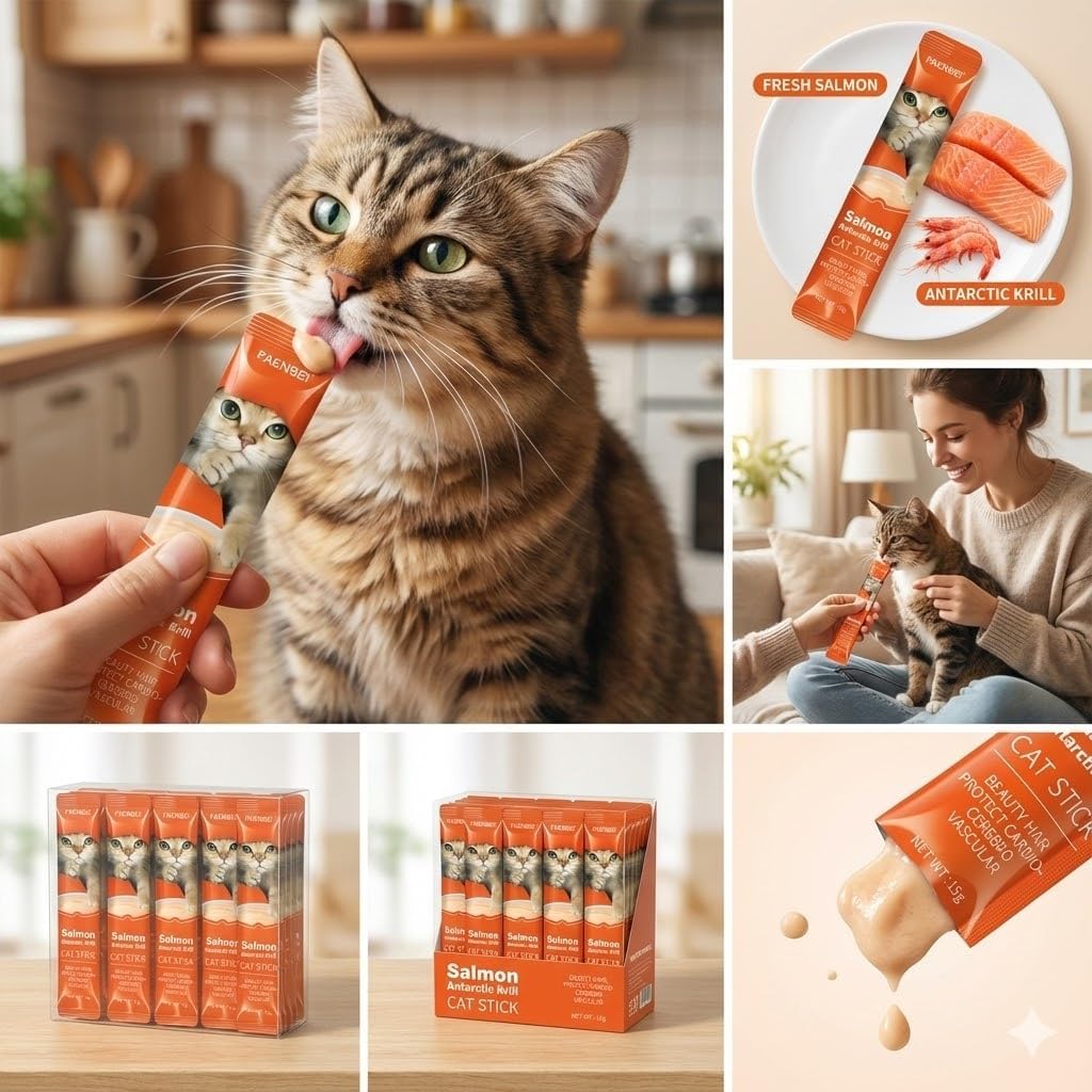 Collage of a cat eating a cat snack, a plate with snacks, a woman and cat with snacks, boxes of snacks, and a close-up of a snack at Pet Servo
