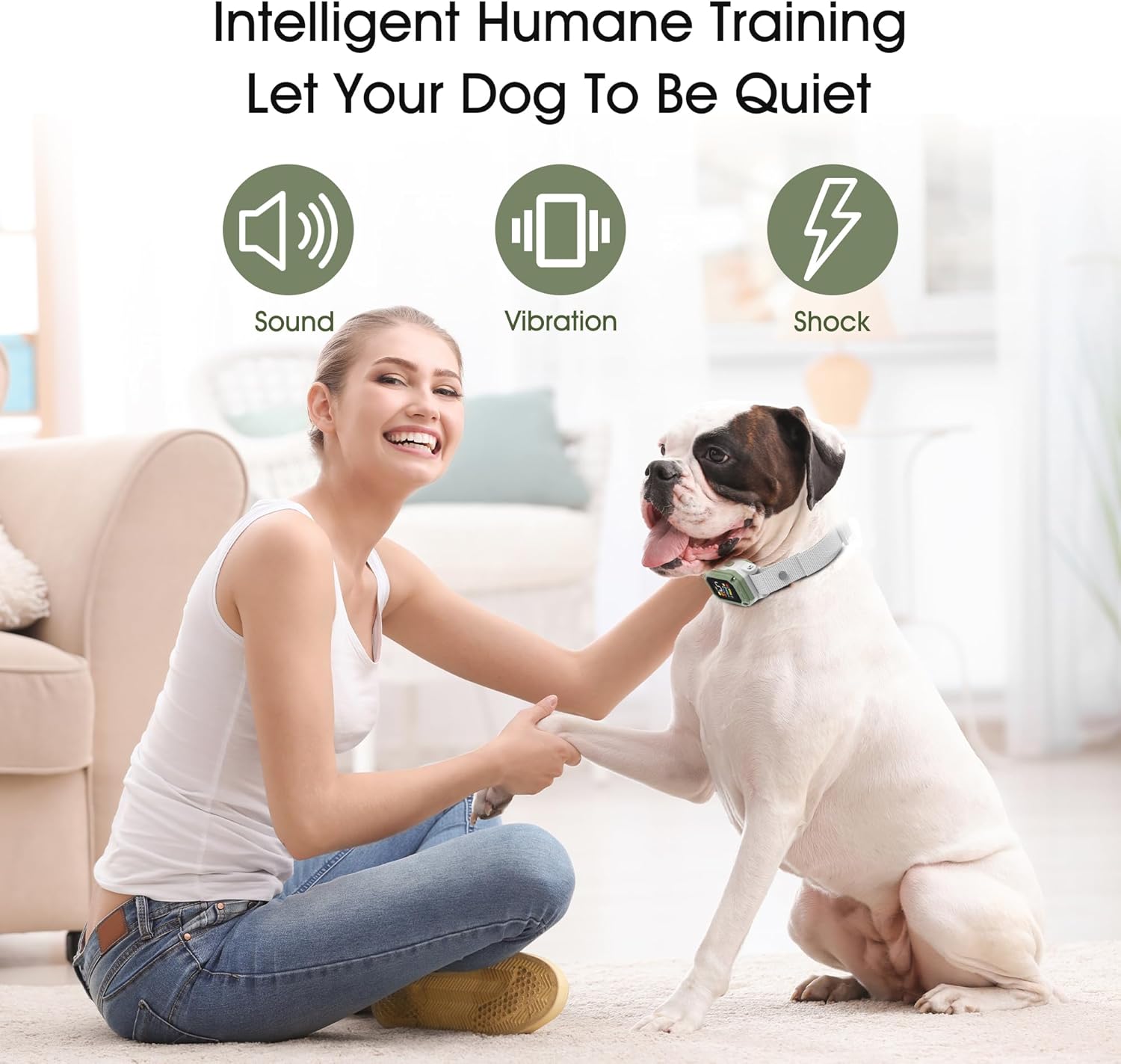 Woman petting a dog with product features highlighted on a white background at Pet Servo