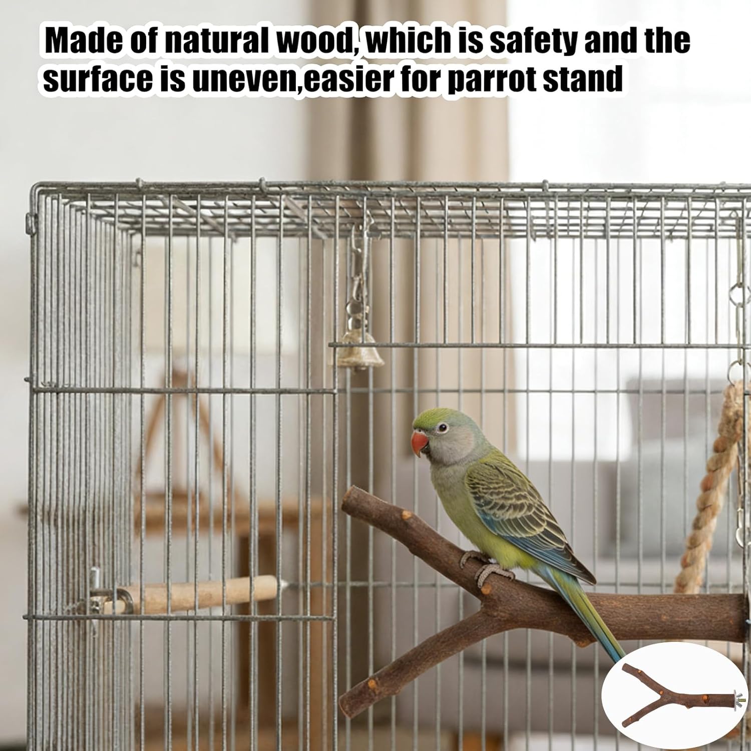 Bird perched on a branch inside a metal birdcage with text about natural wood and uneven surface at Pet Servo