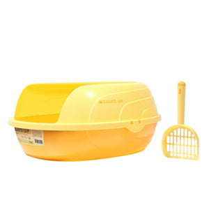 Yellow plastic litter box with a hinged lid and a matching yellow litter scoop, shown on a plain white background. The litter box has 'LUCKS UP' printed on the side at Pet Servo